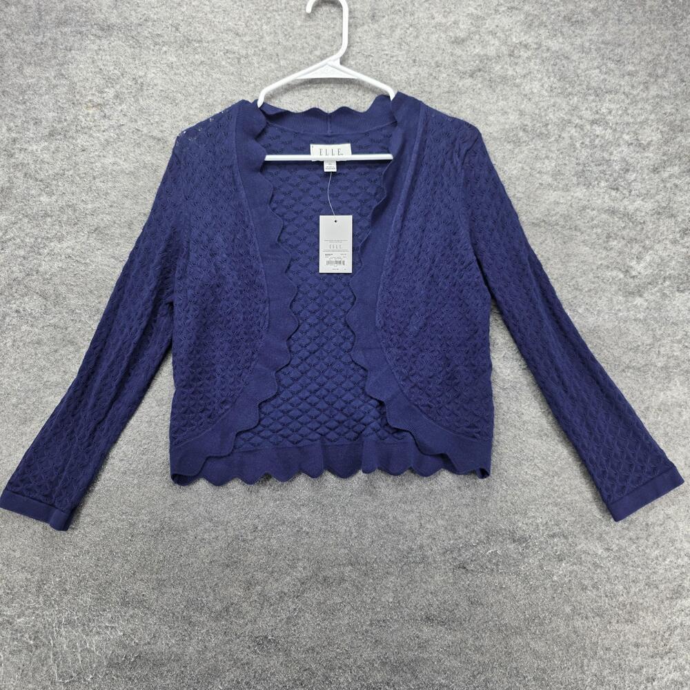 ELLE Cardigan Womens XS Blue Round Neck Open-Knit Collarless Scalloped Hem